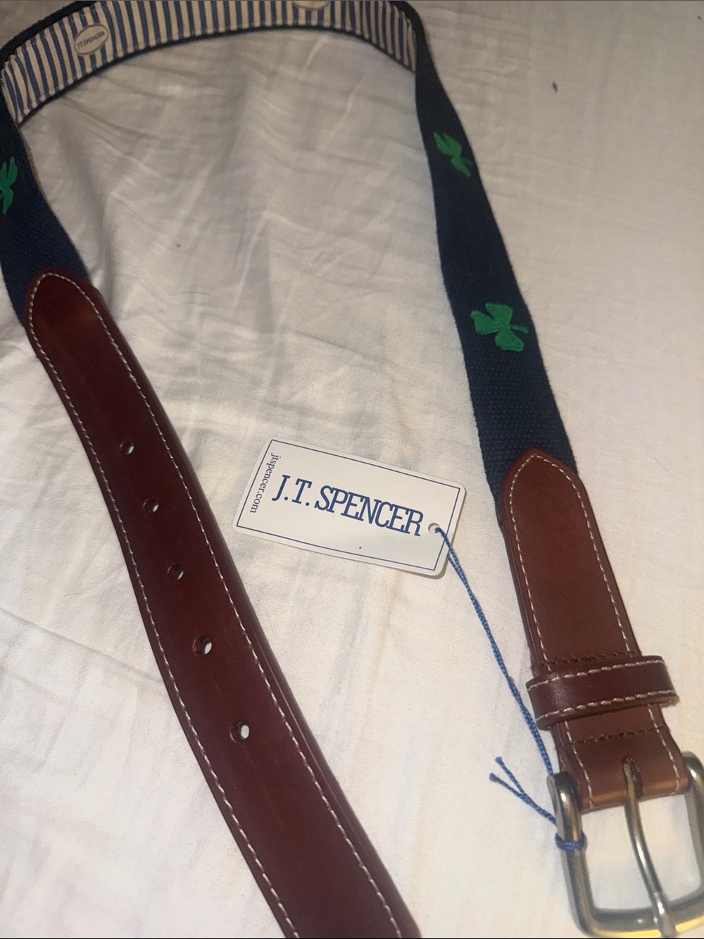 Men’s Navy Clover Webbing Belt with Brown Leather Trim